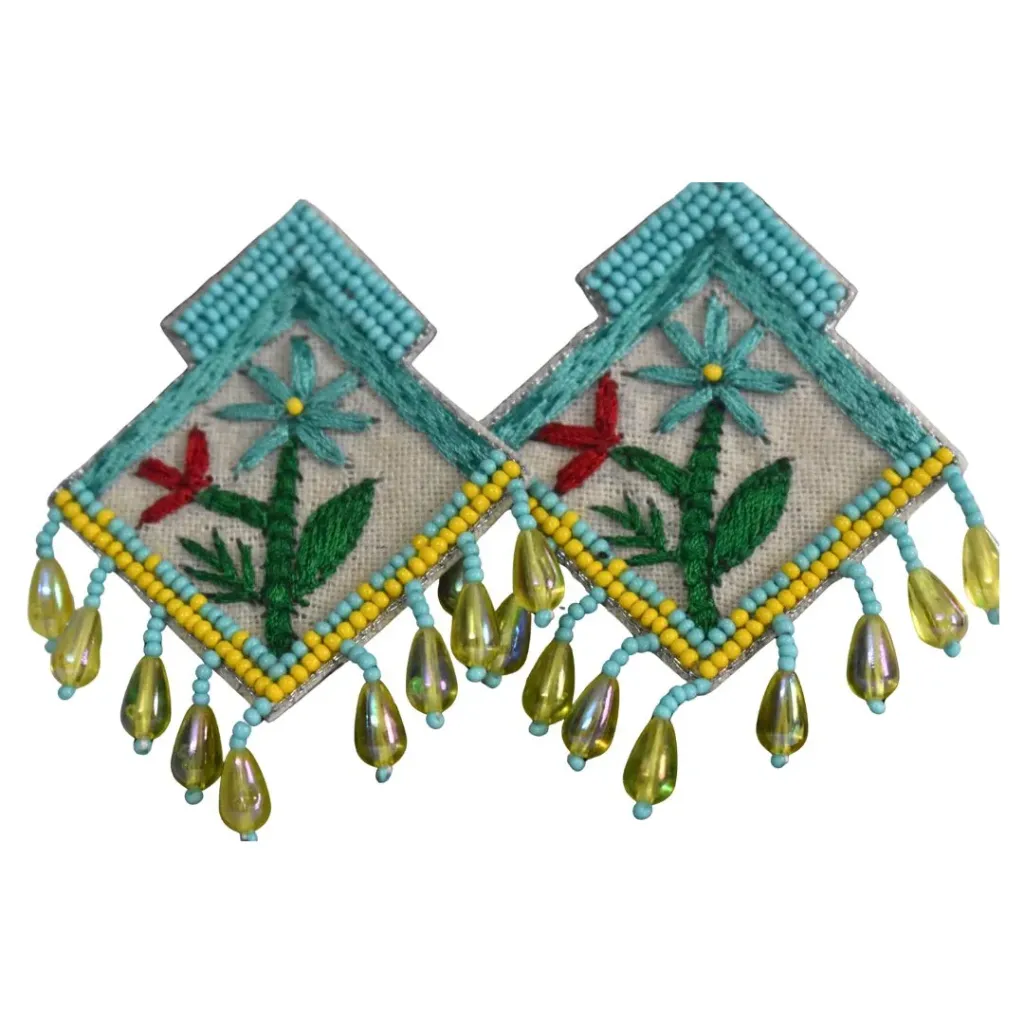 Kaarukriti Handcrafted Floral Embroidered Beaded Drop Earrings
