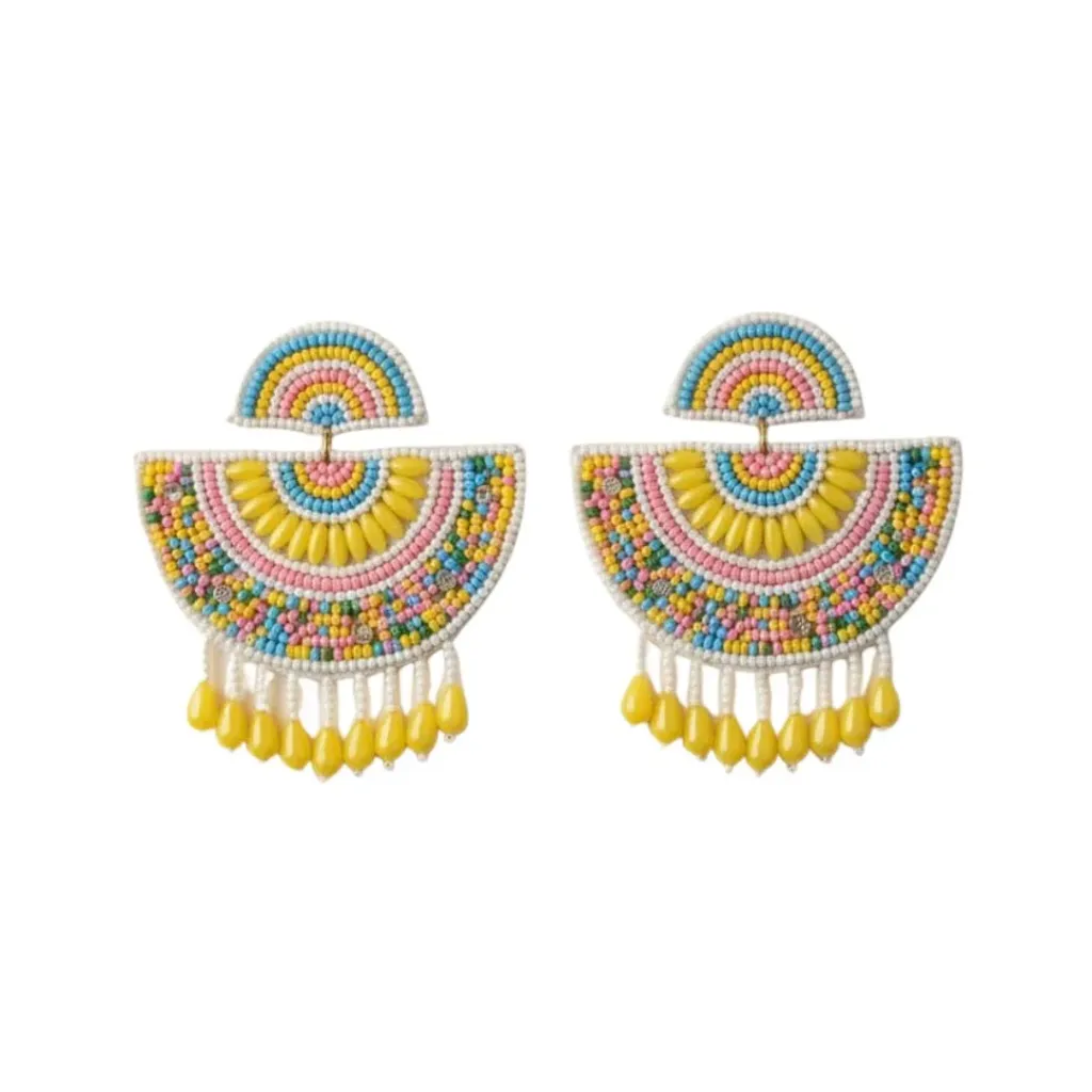 Kaarukriti Multicolor Beaded Fan Statement Earrings with Yellow Drops