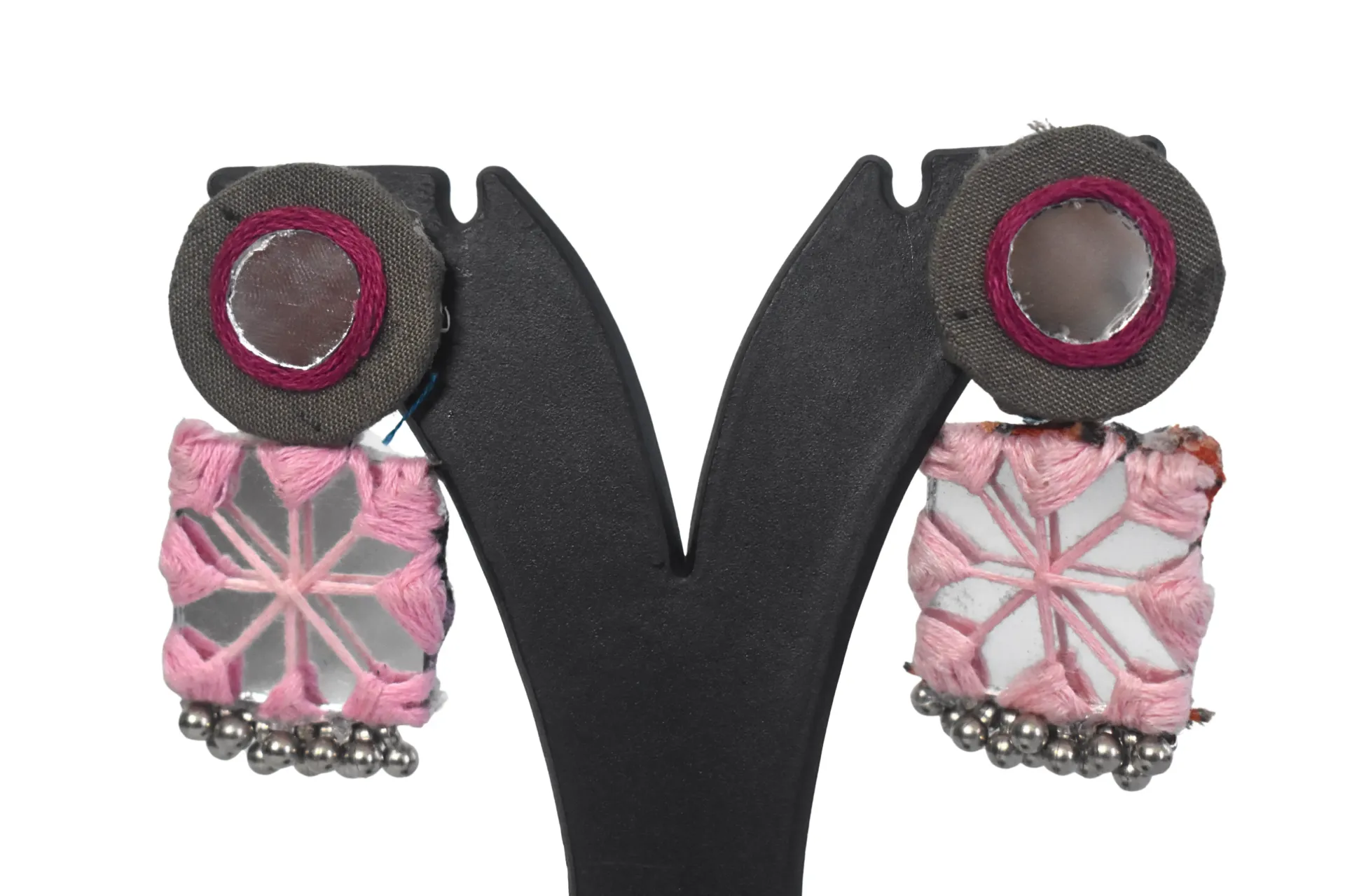 Kaarukriti Pink Mirror Embroidered Jhumka Drop Earrings for Women