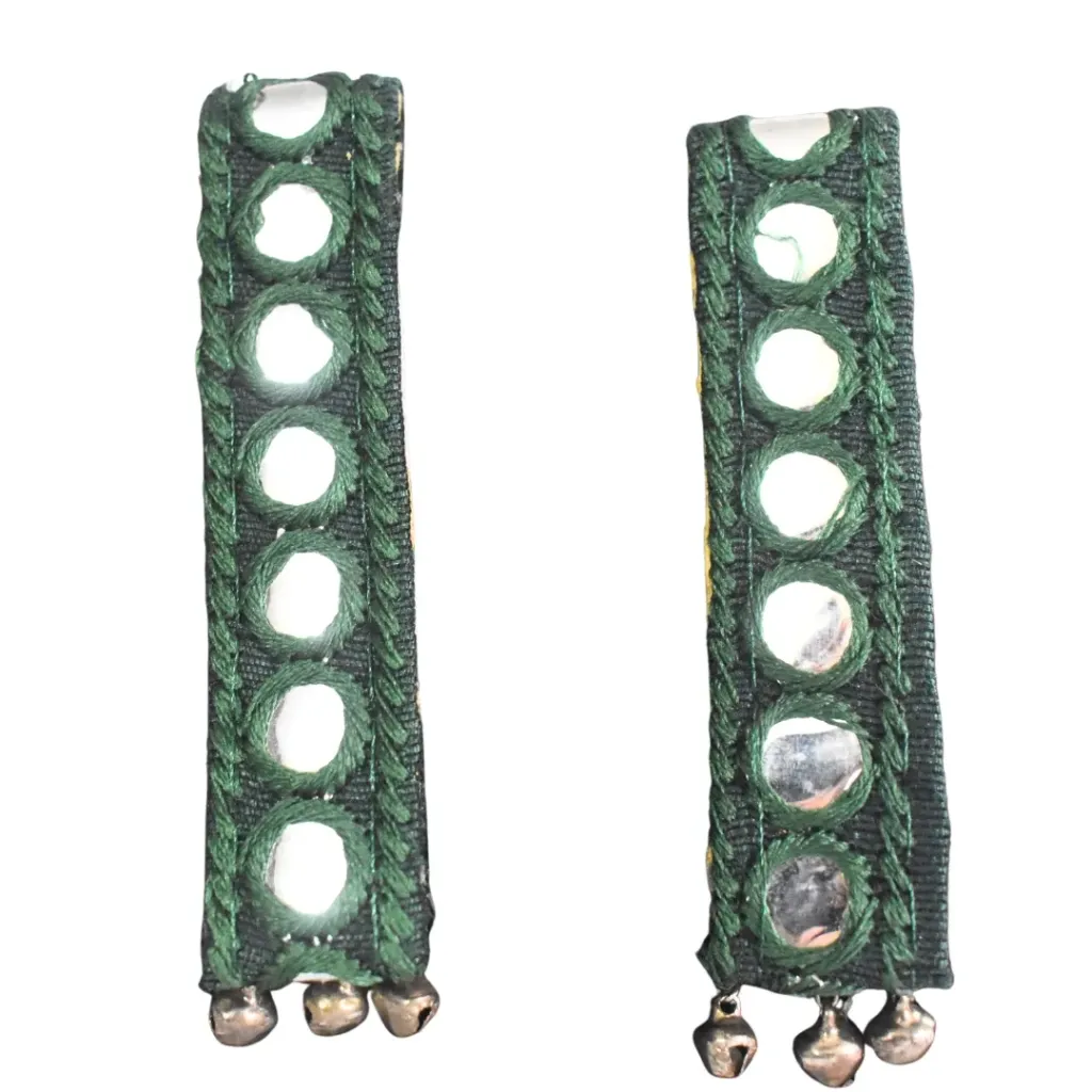 Kaarukriti Green Mirror Embroidered Long Earrings with Ghungroo Drops