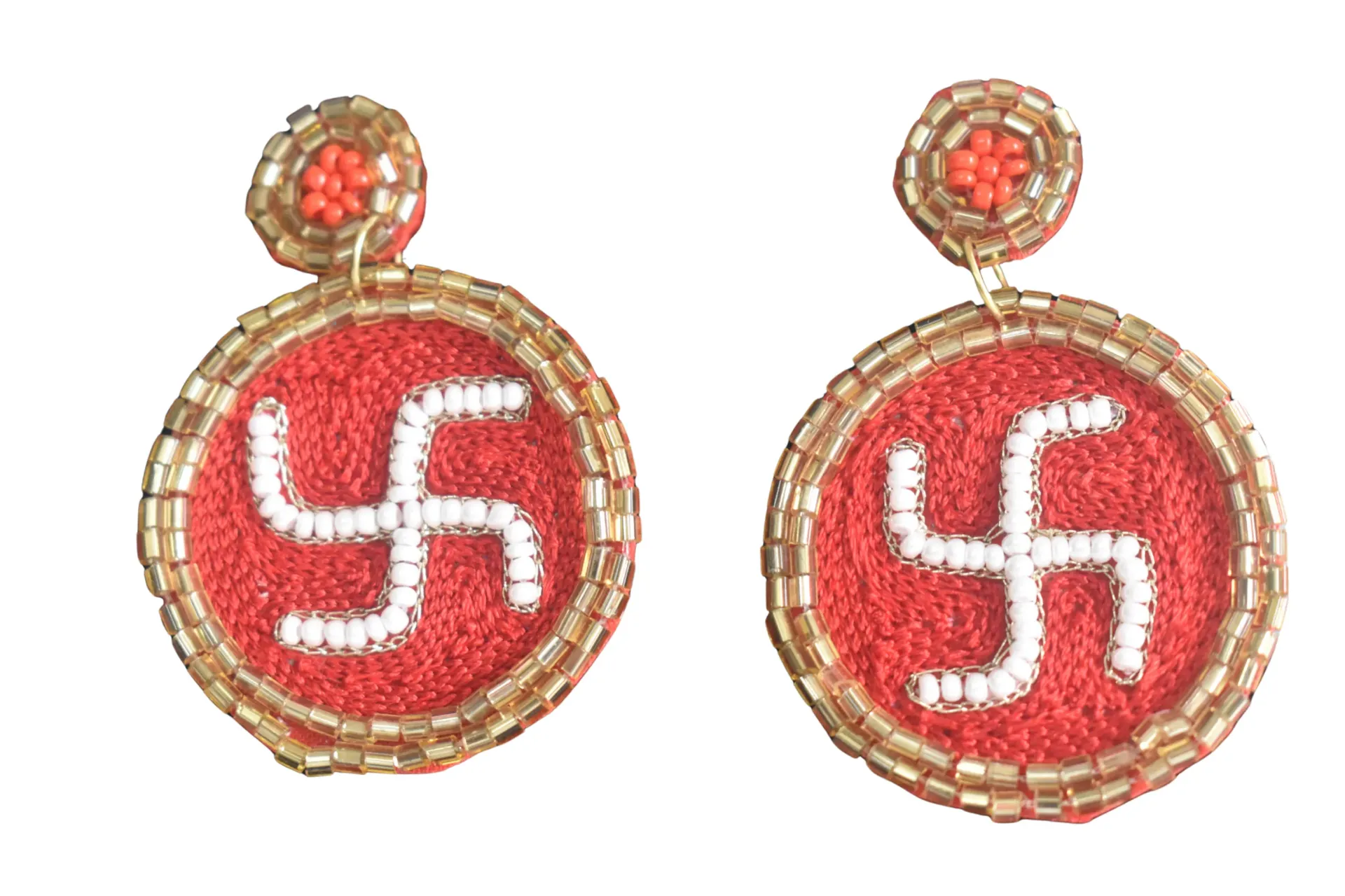 Kaarukriti Handcrafted Swastik Beaded Red Statement Earrings